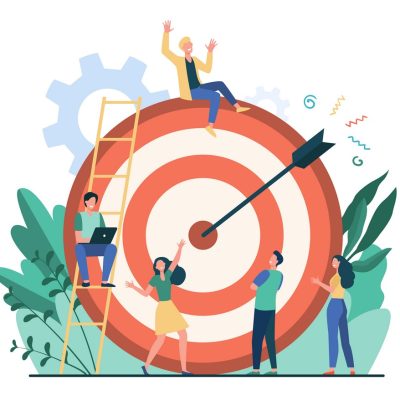 Positive tiny people sitting and walking near huge target with arrow isolated flat vector illustration. Cartoon business team achieving goal or aim. Marketing strategy and achievement concept